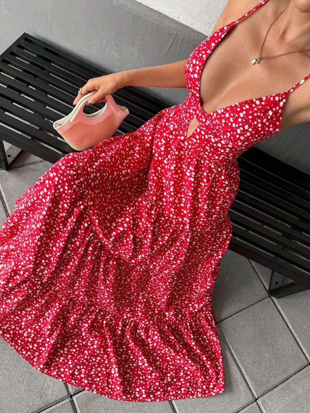 Red Boho Women's Floral Maxi Dress with Deep V Neck, Backless - Picture 4 of 6
